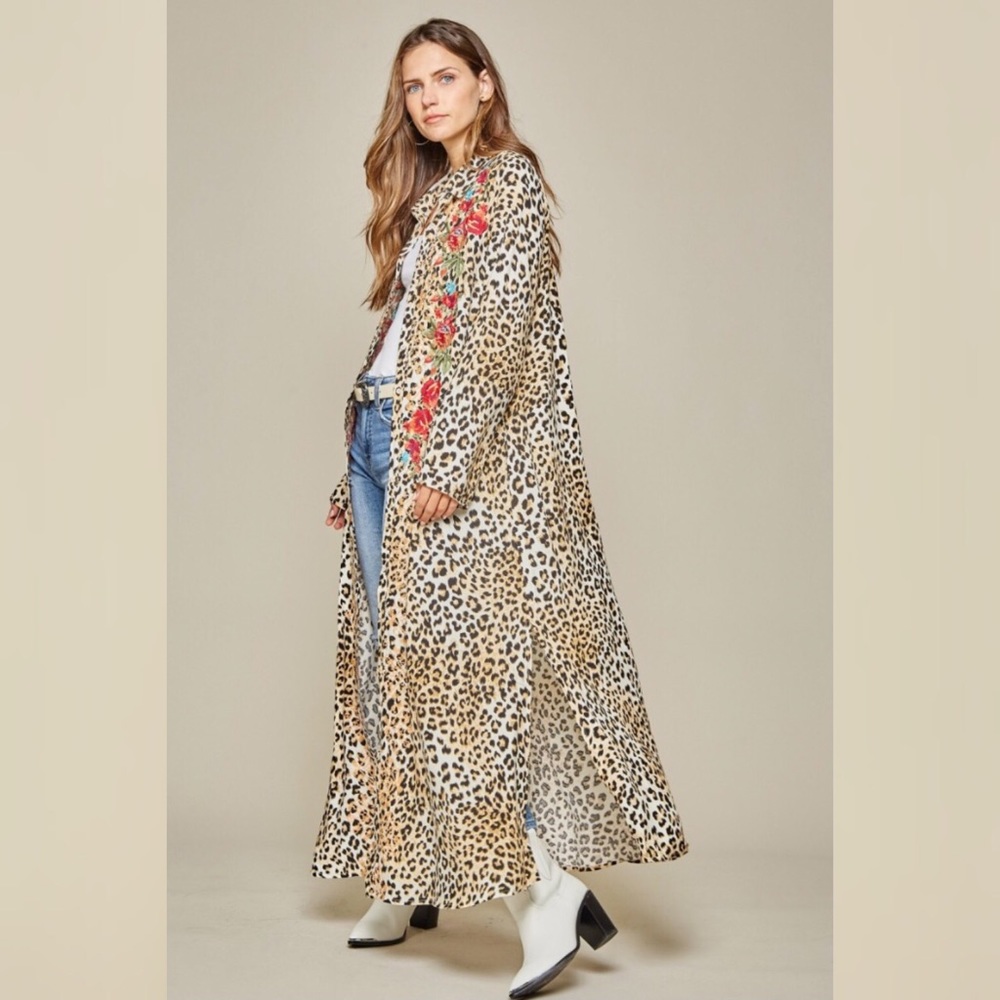 Leopard Floral Embroidered Boho Maxi Dress Duster - Picture 6 of 12